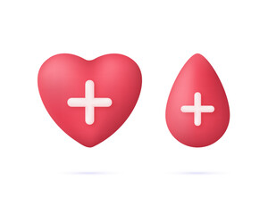 Obraz premium 3D Set of Red heart and Blood droplet with medical cross symbol. Medicine, donation, healthcare concept.