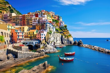 Colorful village of Manarola in Cinque Terre, Italy, Manarola traditional typical Italian village in National park Cinque Terre, colorful multicolored buildings houses on rock cliff, AI Generated - obrazy, fototapety, plakaty