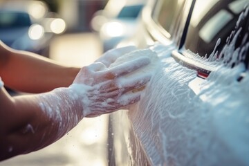 Man washes the car in the car wash with soap and foam, Manual car wash with white soap, and foam on the body. Washing Car Using High Pressure Water, AI Generated - obrazy, fototapety, plakaty