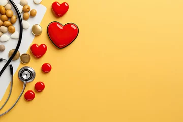 Foto op Plexiglas Stethoscope and red heart on yellow background. Health care concept, Many different medical objects on light background top view, AI Generated © Iftikhar alam