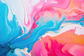 Abstract background of acrylic paint in blue, pink and yellow tones, Marble ink paint abstract. Close Up image, AI Generated