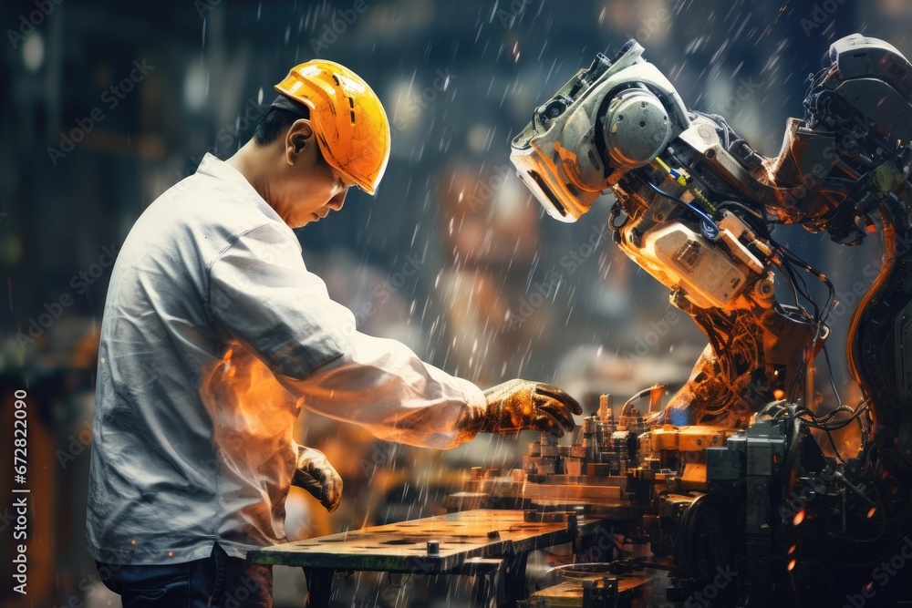 Poster engineer working with robot in factory. industrial and technology concept, mechanized industry robot