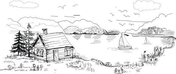 A wooden house by a lake in the mountains, a hand-drawn landscape. Vector graphics of mountains, alps, tatra peaks - obrazy, fototapety, plakaty