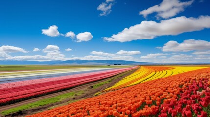 An aerial view of colourful tulip fields. A daytime view of colourful tulips in a row from a high viewpoint