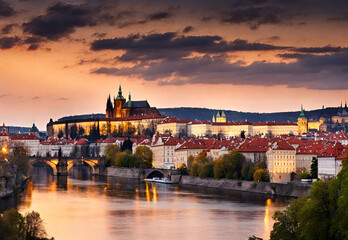 Historic Prague Castle at sunset with Vltava River in the backdrop.