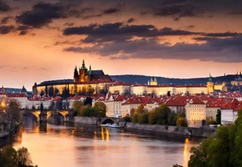 Poster Historic Prague Castle at sunset with Vltava River in the backdrop. © Rao Saad Ishfaq