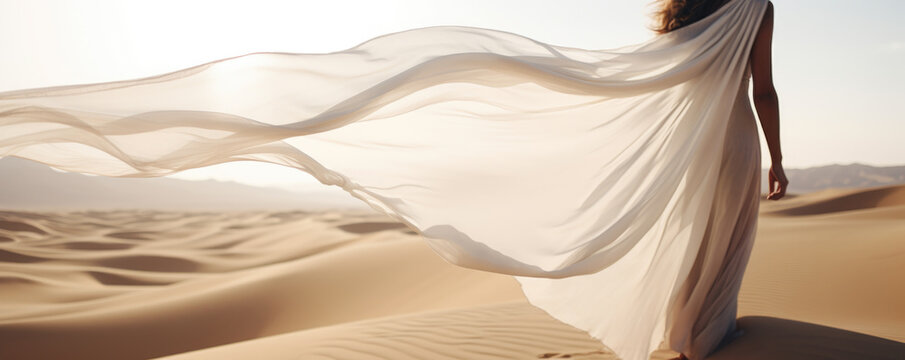 Woman in a long white dress walking in the desert with flowing fabric in the wind