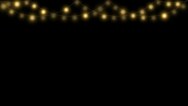 Christmas lights garland on black background. Glowing gold light bulbs. Xmas, New Year, wedding or Birthday decor. Party event decoration. Winter holiday season element.