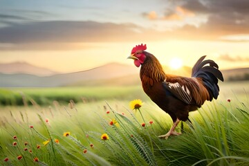 rooster on the grass - obrazy, fototapety, plakaty