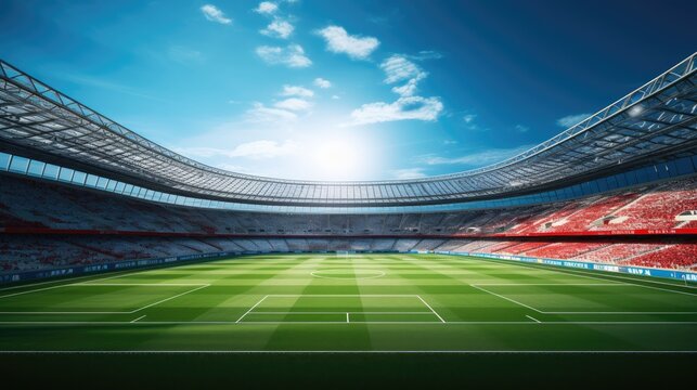 Fototapeta Football Stadium 3d rendering magnificent soccer stadium with crowded field arena.
