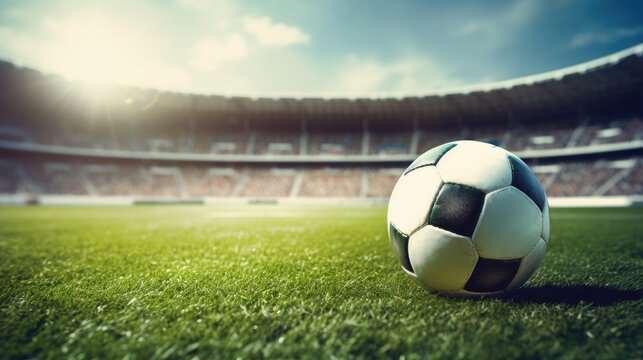 a soccer ball on green field of football stadium for background.