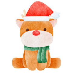 Cute reindeer christmas character with green scarf and santa hat watercolor painting