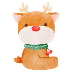 Cute reindeer christmas character with green scarf and holly watercolor painting