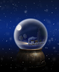 A snow globe. Christmas interior decoration. Toy train express. New Year's Express