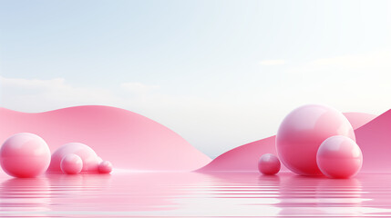 Abstract white and pink color background, minimal 3D illustration with pink balls, round shape pattern and sky.
