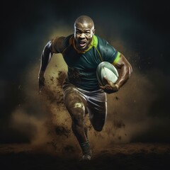 Une image dynamique d'un joueur de rugby qui cout avec le ballon