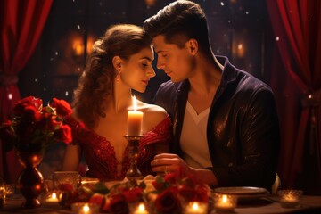 Obraz na płótnie Canvas Saint-Valentin, un jeune couple amoureux lors d'un repas au restaurant