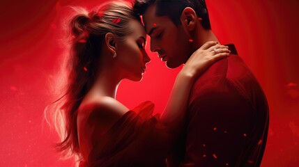 Saint-Valentin, un couple amoureux, proche, intimit&eacute; et sensualit&eacute; sur un fond rouge.