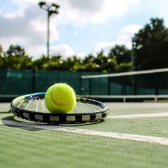 Close-up of tennis racket and tennis ball laying on the court