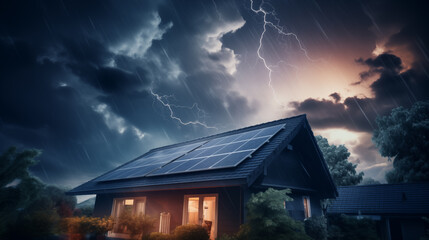 house with solar panels on the roof in a thunderstorm with lightning - obrazy, fototapety, plakaty