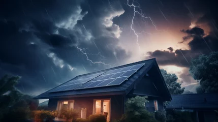 Deurstickers house with solar panels on the roof in a thunderstorm with lightning © Frank Gärtner