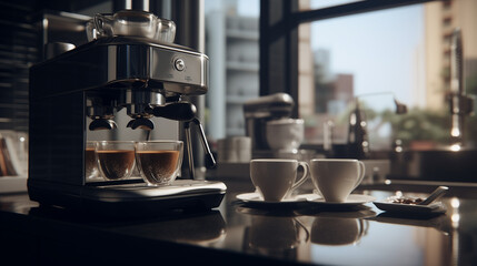 Fototapeta na wymiar Delicious Coffee hot brewed Coffee Drink in a Mug, Tasty Coffee with Foam and Steam Yummy