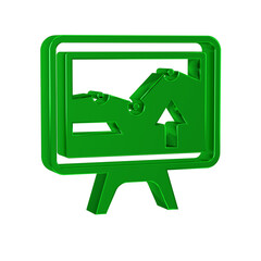 Green Computer monitor with graph chart icon isolated on transparent background. Report text file icon. Accounting sign. Audit, analysis, planning.