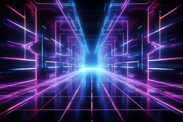 Abstract futuristic corridor with neon lights, 3d rendering
