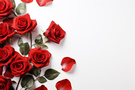 Beautiful red roses on white background, flat lay. Space for text