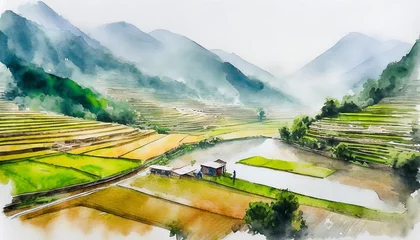 Foto op Canvas Rice field landscape, farmers collecting rice, painting, watercolor style © CreativeStock