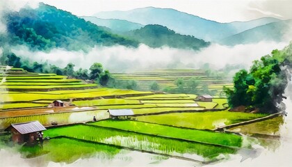 Rice field landscape, farmers collecting rice, painting, watercolor style