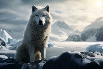 Stunning Arctic scenery featuring a massive wolf gazing towards you. Generative AI