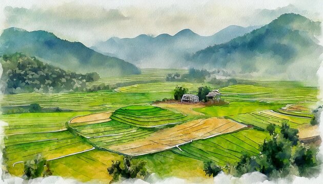 Rice field landscape, farmers collecting rice, painting, watercolor style
