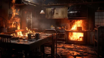 Fotobehang Fire in the kitchen. Kitchen furniture on fire © vladico