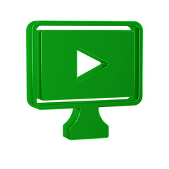 Green Online play video icon isolated on transparent background. Film strip with play sign.