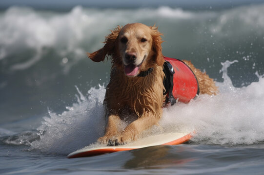  A playful dog riding the waves in an amusing and endearing beach moment. Ai generated