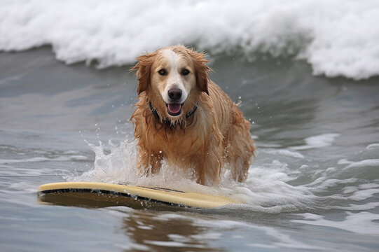  A playful dog riding the waves in an amusing and endearing beach moment. Ai generated
