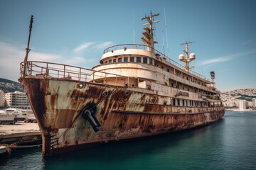 Rusty damaged old yacht anchored in the port. Ai generated
