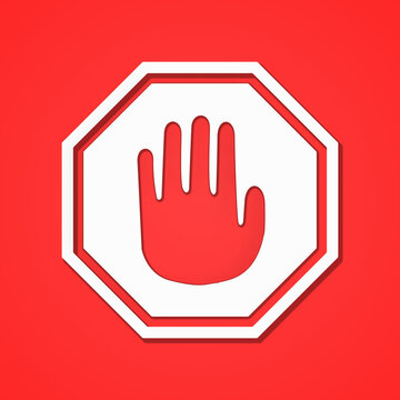 White stop warning sign represented by an octagon and a hand on red background for attention traffic sign by 3d render illustration.