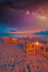 Outdoors restaurant table setting at tropical beach restaurant. Led light candles and wooden...