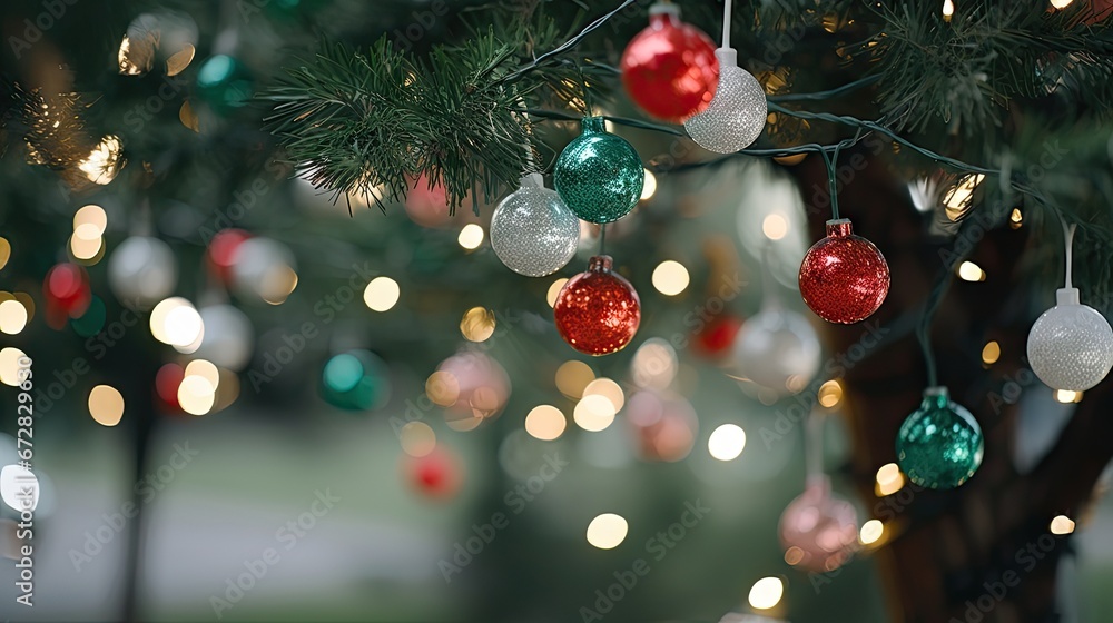 Aufkleber a close up of a christmas tree with a bunch of ornaments hanging from it's branches and lights in th