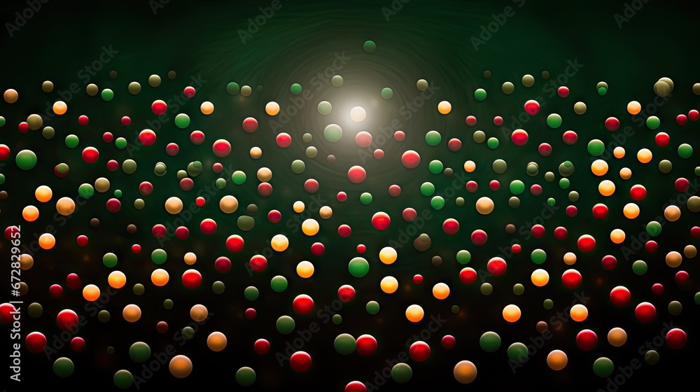 Poster a group of multicolored balls floating in the air with a bright light in the middle of the picture. 