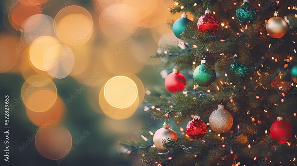 Poster a close up of a christmas tree with a lot of lights in the background and a blurry christmas tree in