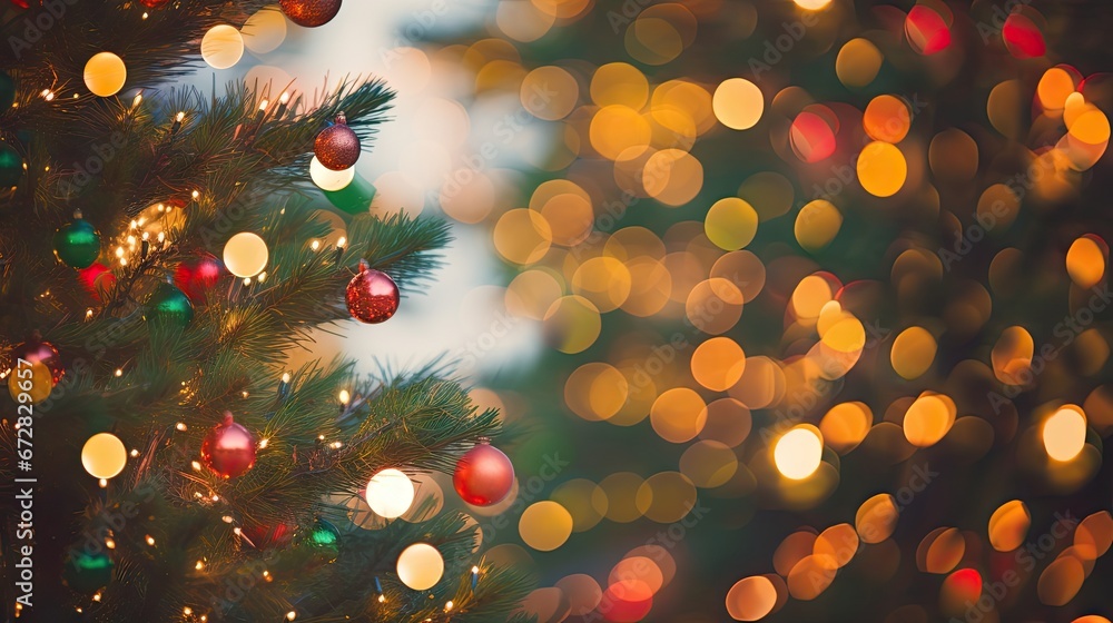 Poster a close up of a christmas tree with a blurry background of lights and a blurry background of a tree.