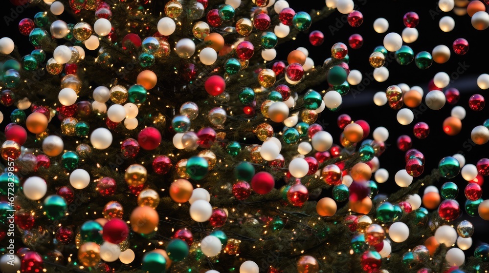 Poster a close up of a christmas tree with multicolored balls hanging from it's branches and a black backgr