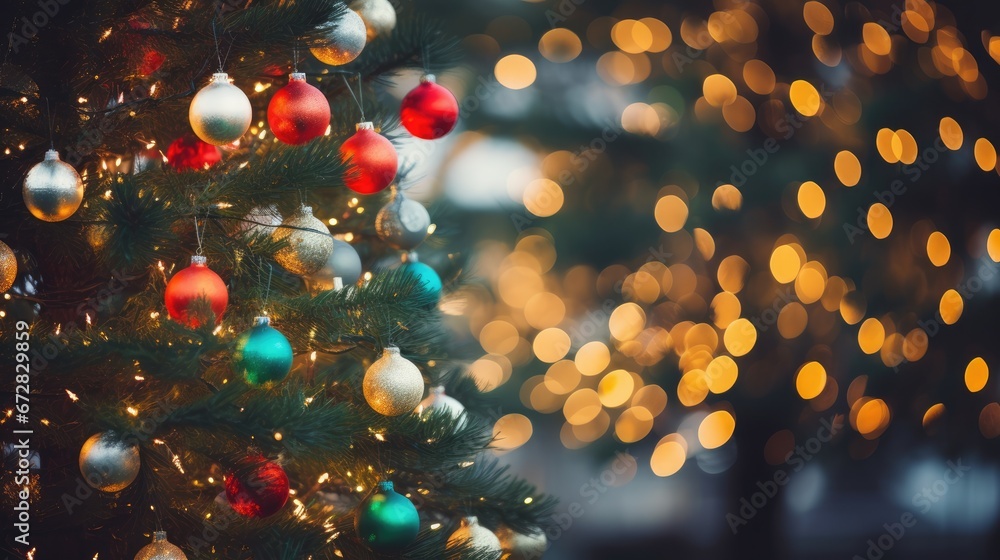 Poster a close up of a christmas tree with a blurry background of lights and a blurry background of a chris