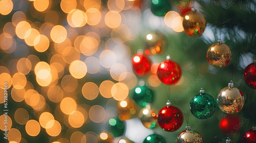 Poster a close up of a christmas tree with ornaments hanging from it's branches and blurred lights in the b
