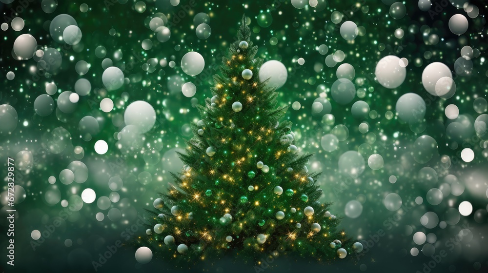 Poster a christmas tree with a lot of lights on it in the middle of a dark green background with snowflakes
