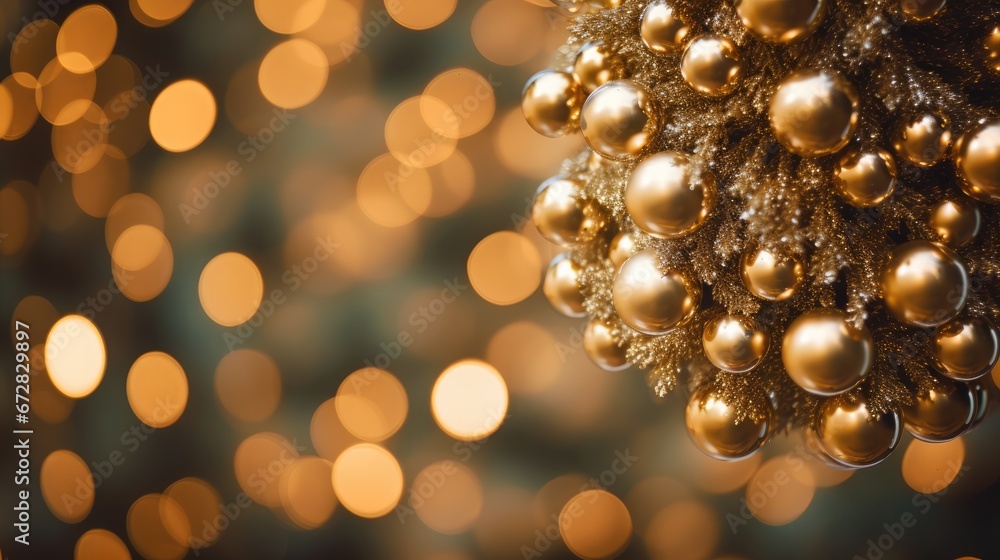 Poster a close up of a bunch of shiny balls on a tree with a blurry background of lights in the background.
