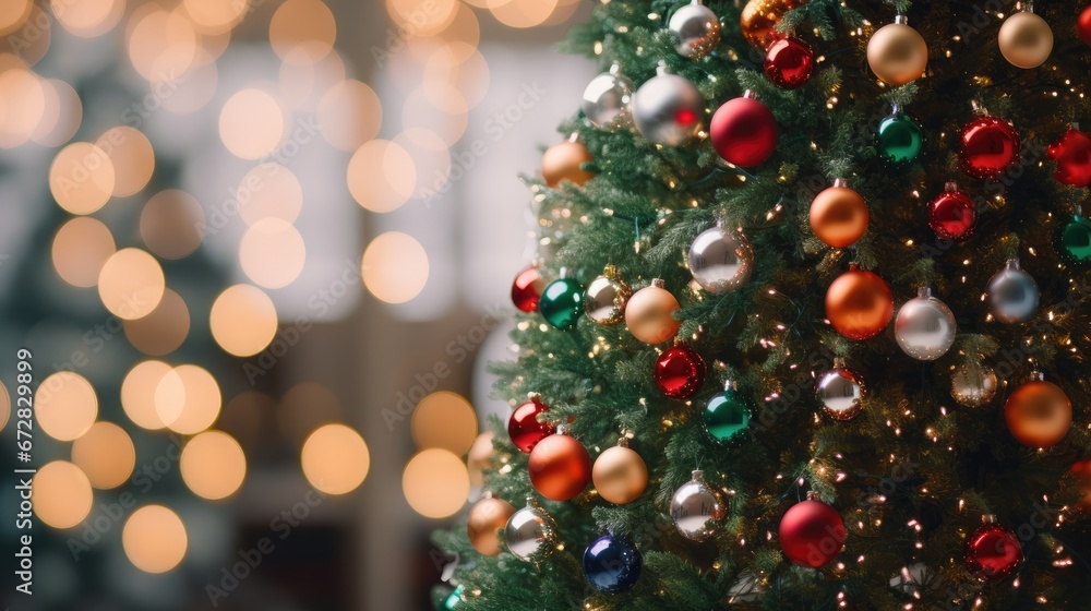 Poster a close up of a christmas tree with a lot of lights in the background and a blurry christmas tree in